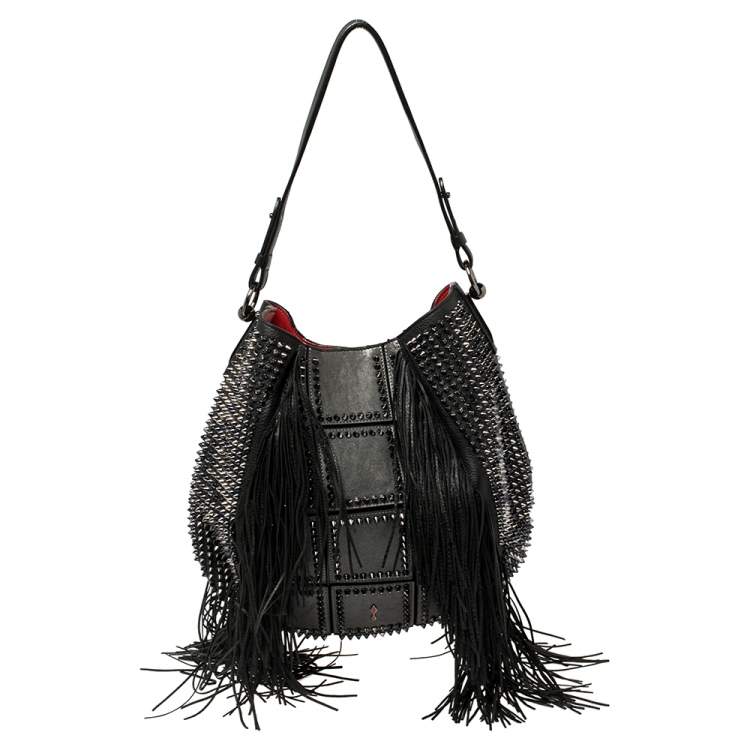 Pre Owned Christian Louboutin Black Spiked Leather Lucky L Fringe Hobo