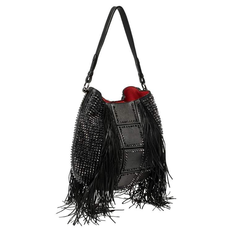 Pre Owned Christian Louboutin Black Spiked Leather Lucky L Fringe Hobo