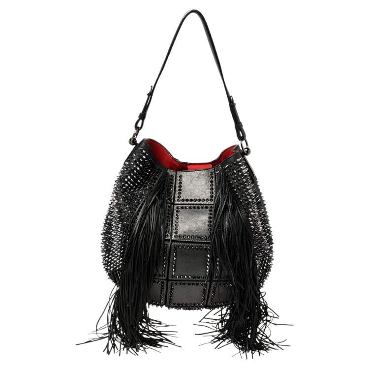 Christian Louboutin Black Spiked Leather Lucky L Fringe Hobo