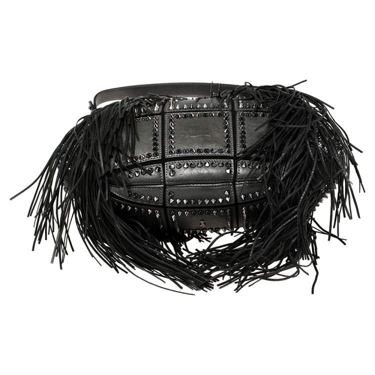 Pre Owned Christian Louboutin Black Spiked Leather Lucky L Fringe Hobo