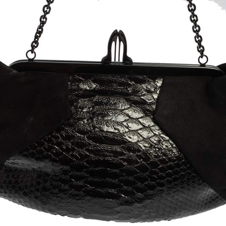 Pre Owned Christian Louboutin Black Python and Suede Loubi Lula Chain Clutch
