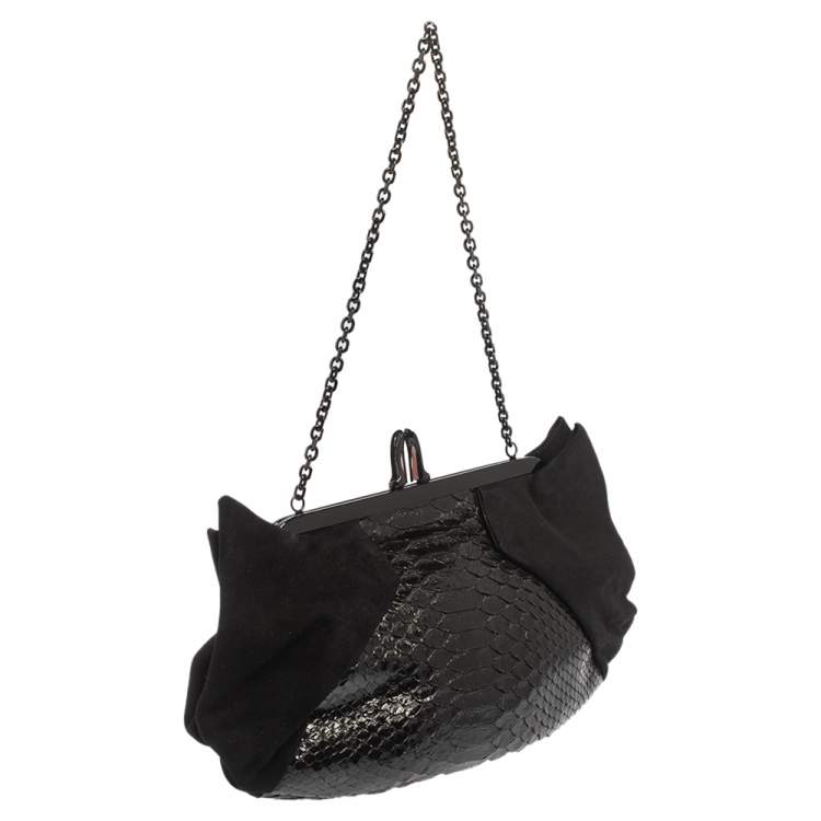 Pre Owned Christian Louboutin Black Python and Suede Loubi Lula Chain Clutch
