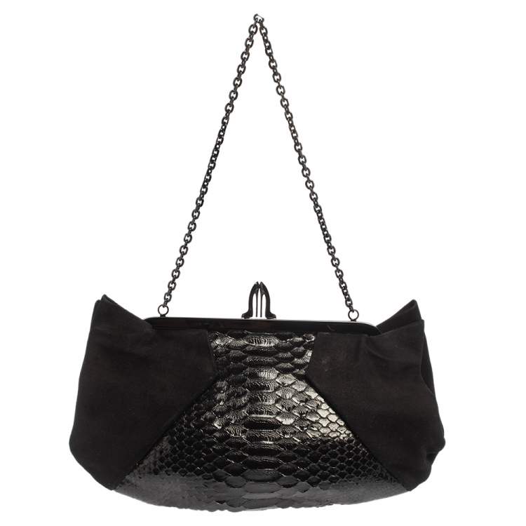Pre Owned Christian Louboutin Black Python and Suede Loubi Lula Chain Clutch