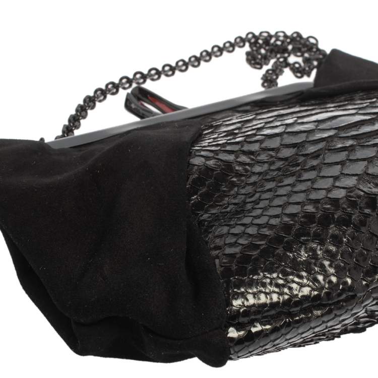 Pre Owned Christian Louboutin Black Python and Suede Loubi Lula Chain Clutch