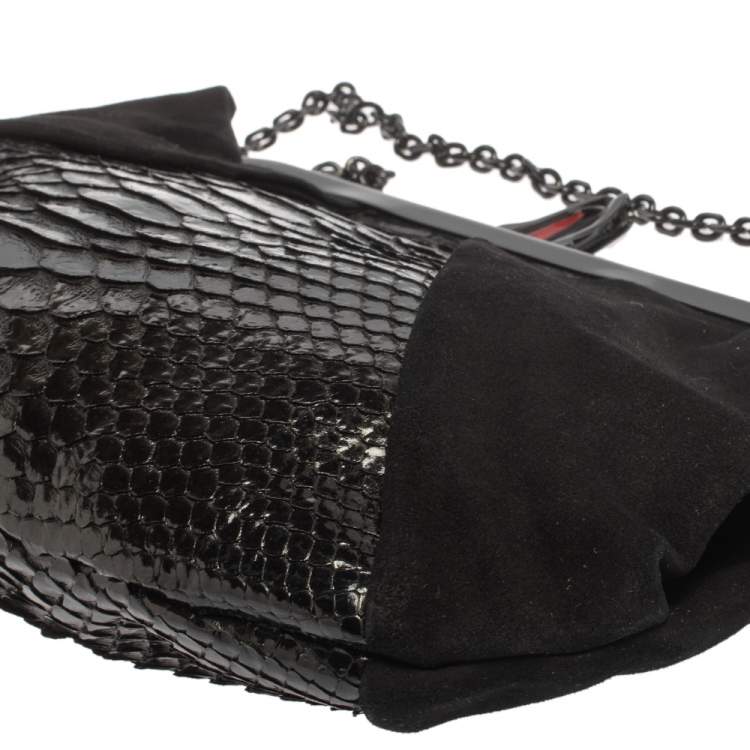 Pre Owned Christian Louboutin Black Python and Suede Loubi Lula Chain Clutch