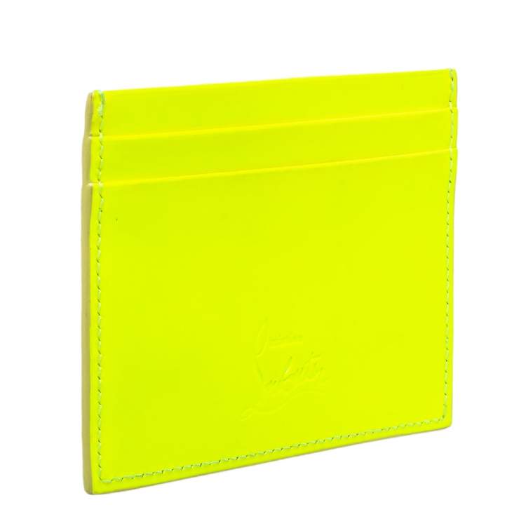 Pre Owned Christian Louboutin Neon Green Patent Leather Kios Spike Card Holder
