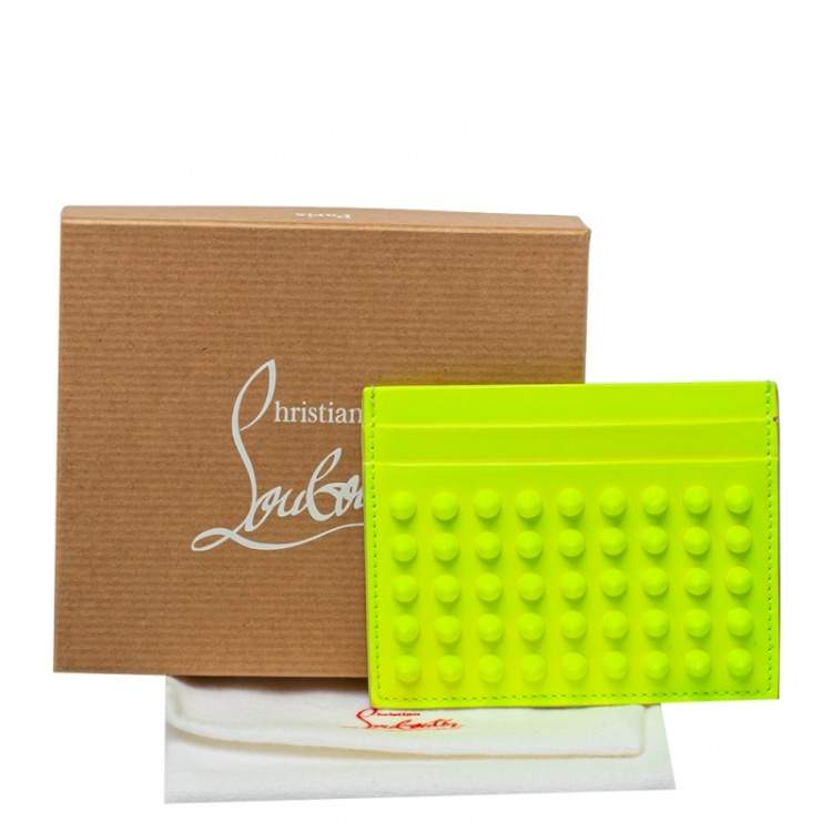 Pre Owned Christian Louboutin Neon Green Patent Leather Kios Spike Card Holder