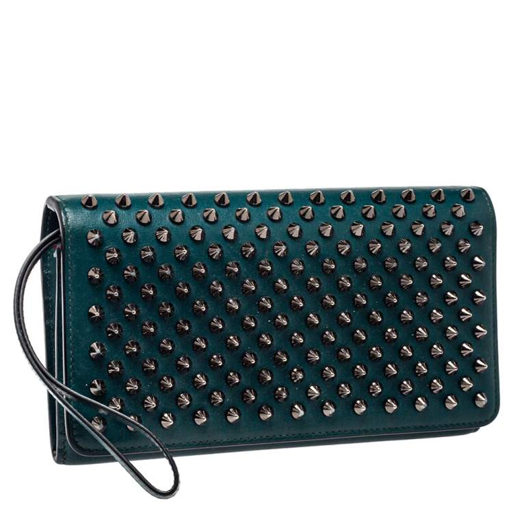 Pre Owned Christian Louboutin Green Leather Paloma Spike Wristlet Clutch