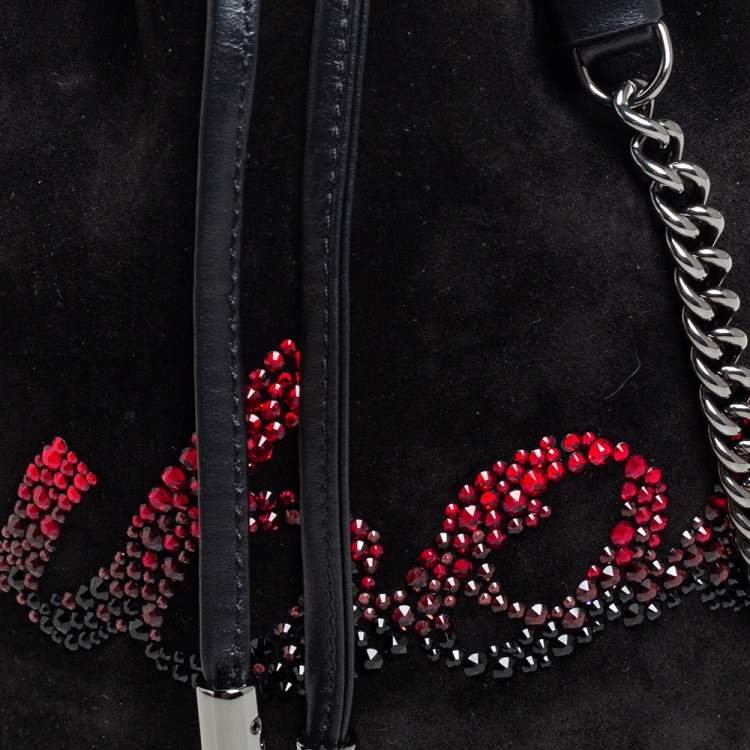 Pre Owned Christian Louboutin Black Suede Crystal Embellished Logo Marie Jane Bucket Bag