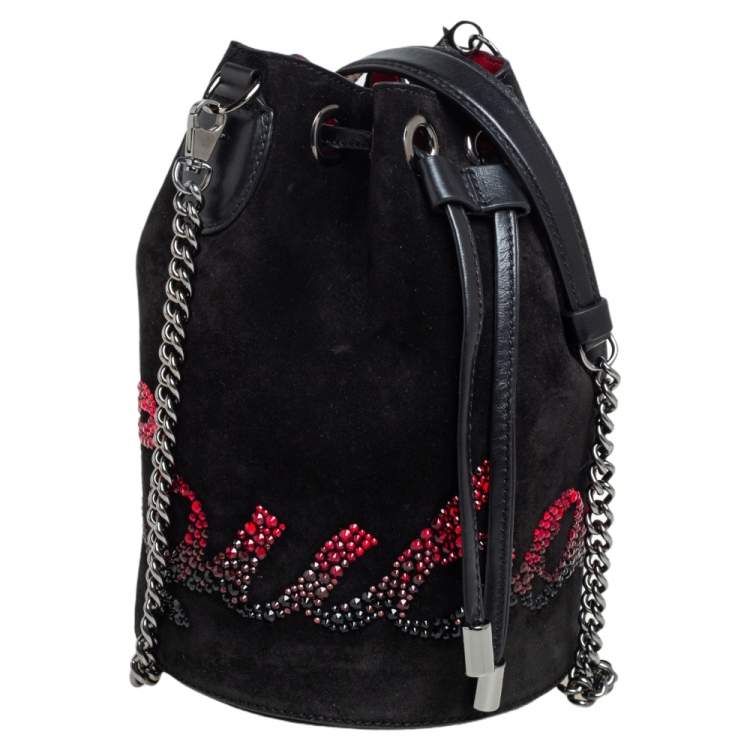 Pre Owned Christian Louboutin Black Suede Crystal Embellished Logo Marie Jane Bucket Bag