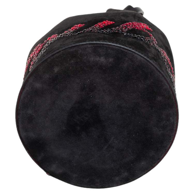Pre Owned Christian Louboutin Black Suede Crystal Embellished Logo Marie Jane Bucket Bag