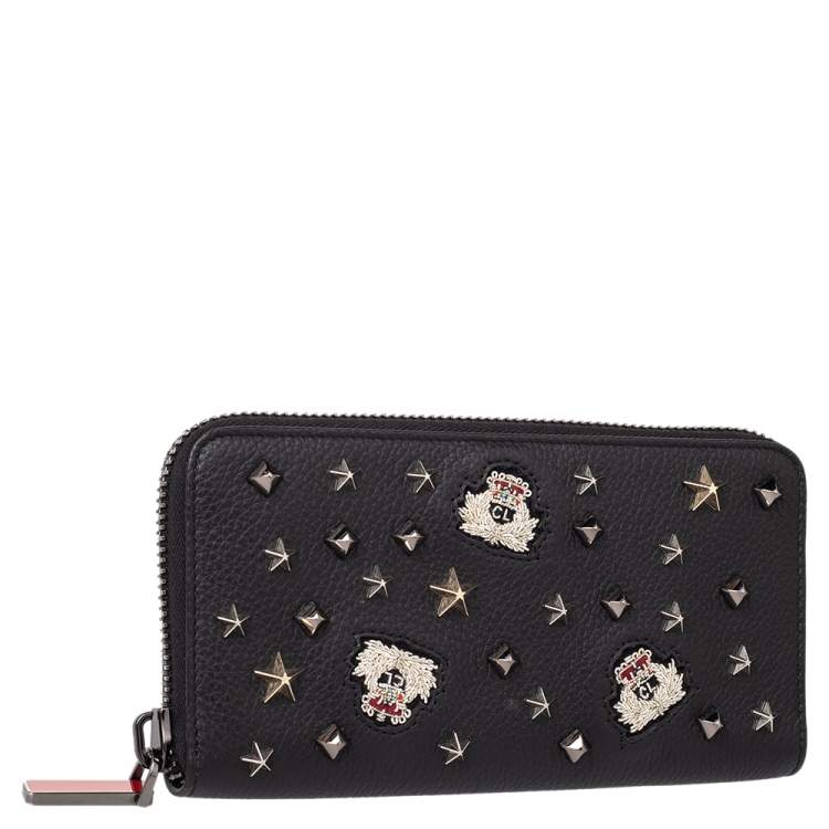 Pre Owned Christian Louboutin Black Leather Spike Panettone Zip Around Wallet