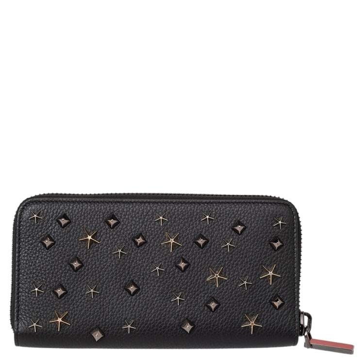 Pre Owned Christian Louboutin Black Leather Spike Panettone Zip Around Wallet