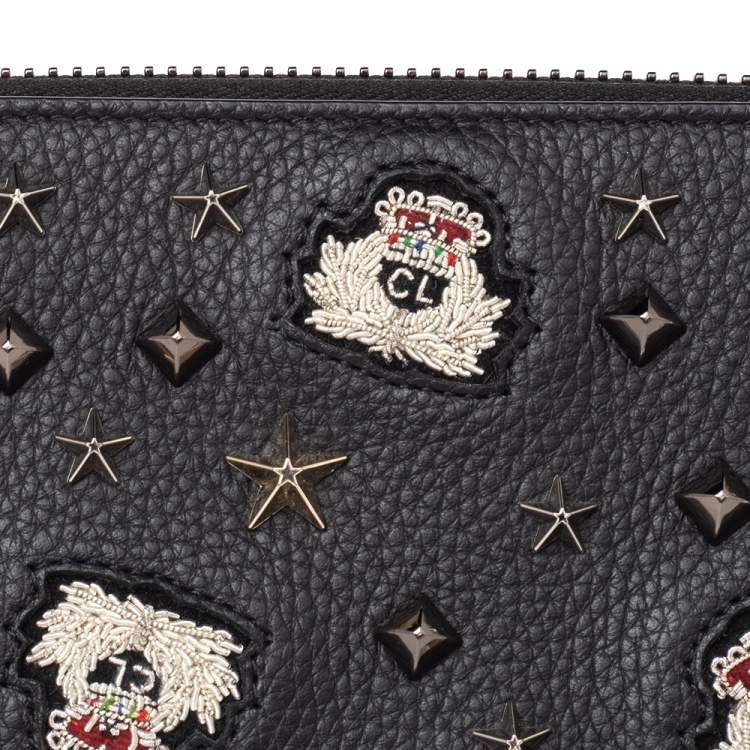 Pre Owned Christian Louboutin Black Leather Spike Panettone Zip Around Wallet