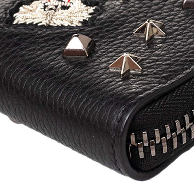 Pre Owned Christian Louboutin Black Leather Spike Panettone Zip Around Wallet