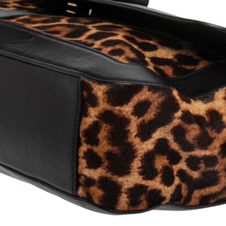 Pre Owned Christian Louboutin Black/Brown Leopard Print Calfhair and Leather Sweet Charity Shoulder Bag
