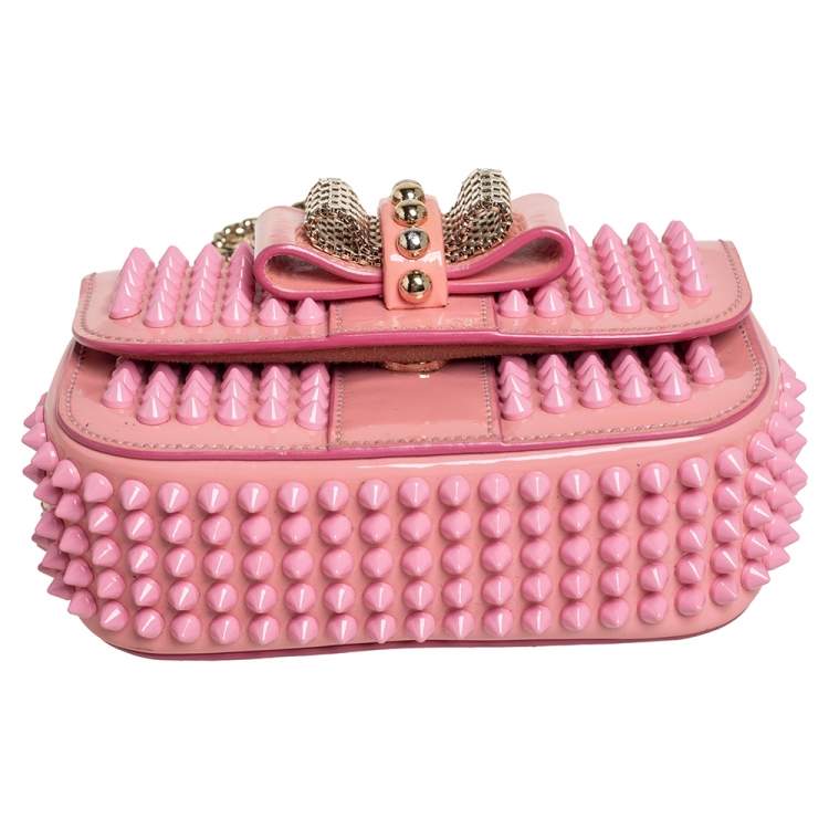 Pre Owned Christian Louboutin Pink Patent Leather Mini Spiked Sweet Charity Crossbody Bag
