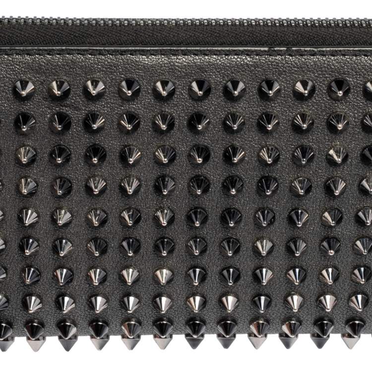 Pre Owned Christian Louboutin Grey Leather Spikes Panettone Zip Around Wallet