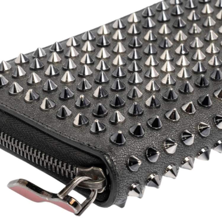 Pre Owned Christian Louboutin Grey Leather Spikes Panettone Zip Around Wallet