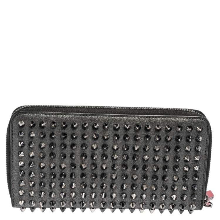 Pre Owned Christian Louboutin Grey Leather Spikes Panettone Zip Around Wallet
