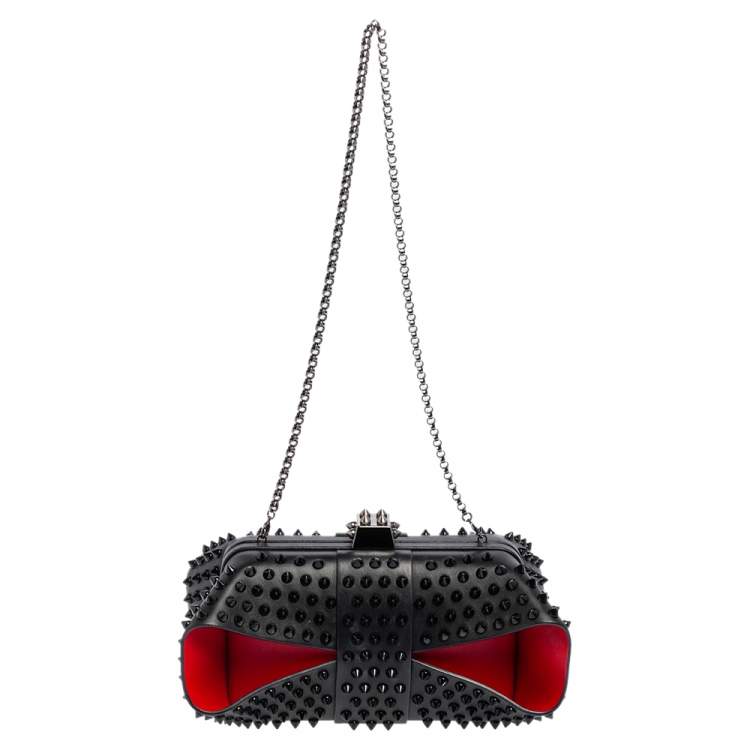 Pre Owned Christian Louboutin Black Leather Spike Grandotto Chain Clutch
