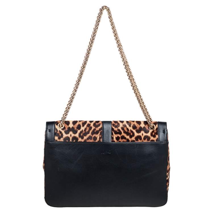 Pre Owned Christian Louboutin Black/Brown Leopard Print Calfhair and Leather Sweet Charity Shoulder Bag