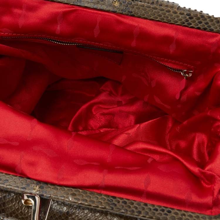 Pre Owned Christian Louboutin Olive Green Python Kiss-Lock Frame Hobo