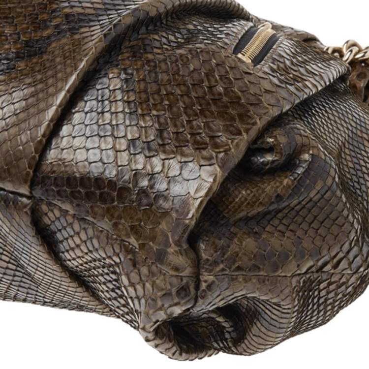 Pre Owned Christian Louboutin Olive Green Python Kiss-Lock Frame Hobo