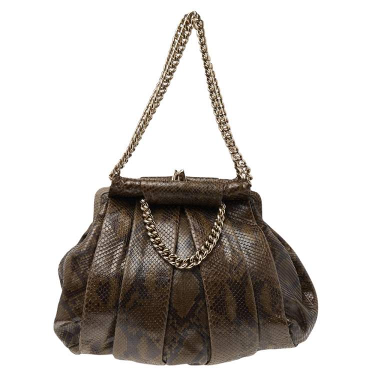 Pre Owned Christian Louboutin Olive Green Python Kiss-Lock Frame Hobo