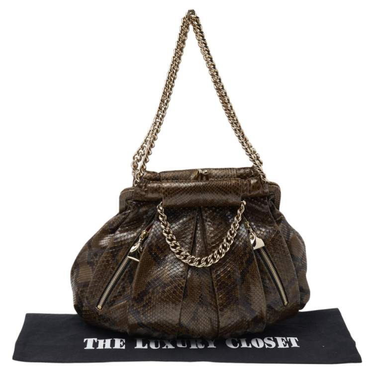 Pre Owned Christian Louboutin Olive Green Python Kiss-Lock Frame Hobo