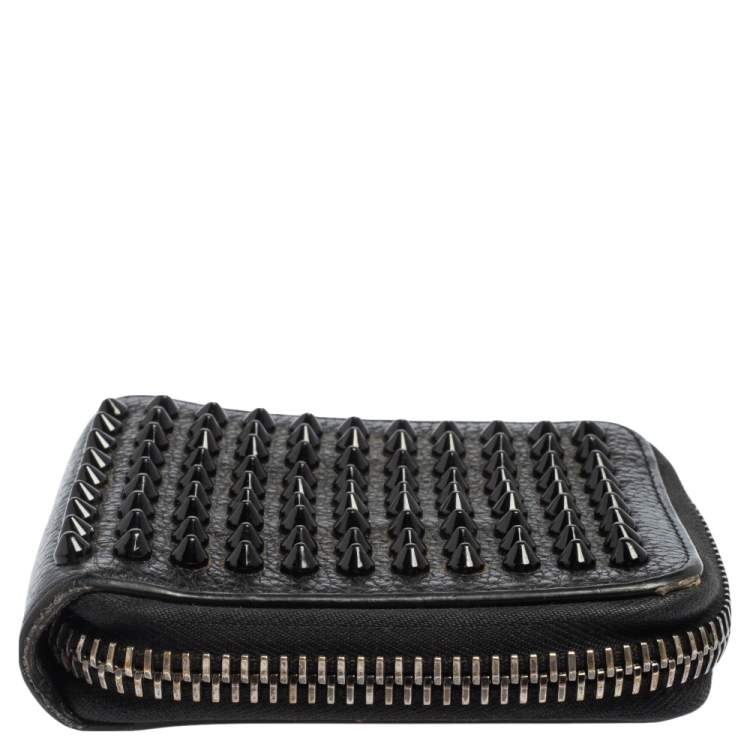Pre Owned Christian Louboutin Black Leather Spiked Zip Around Wallet