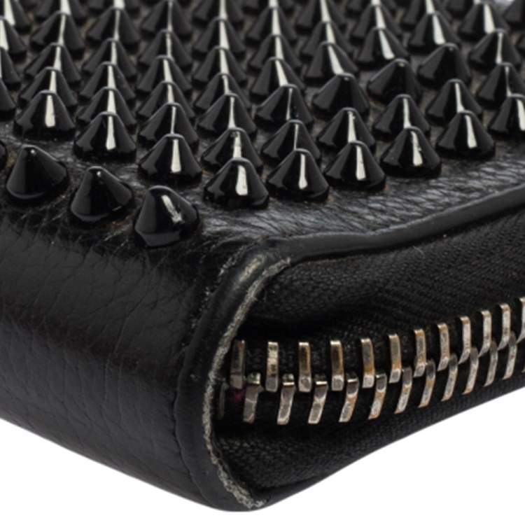 Pre Owned Christian Louboutin Black Leather Spiked Zip Around Wallet