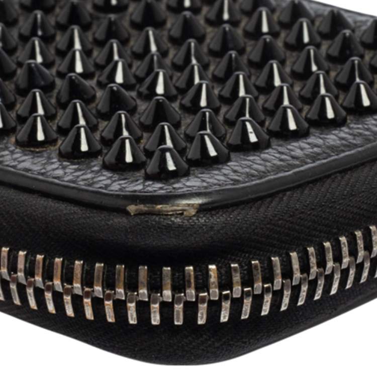 Pre Owned Christian Louboutin Black Leather Spiked Zip Around Wallet