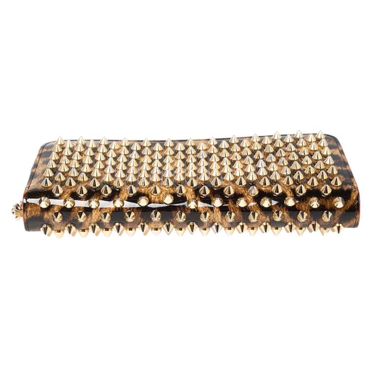 Pre Owned Christian Louboutin Beige/Brown Leopard Print Patent Leather Spikes Panettone Zip Around Wallet