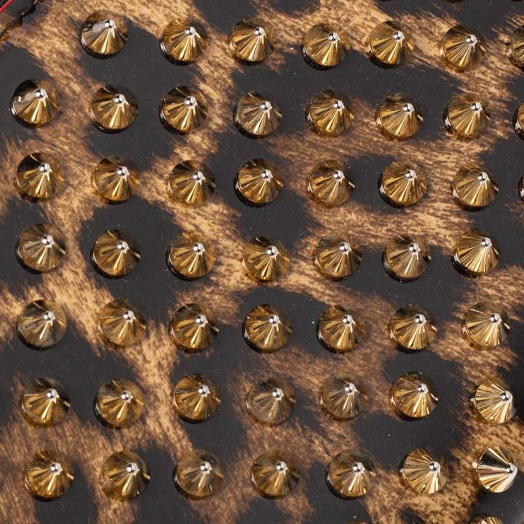 Pre Owned Christian Louboutin Beige/Brown Leopard Print Patent Leather Spikes Panettone Zip Around Wallet
