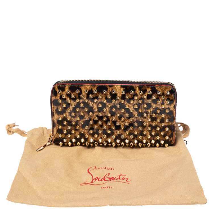 Pre Owned Christian Louboutin Beige/Brown Leopard Print Patent Leather Spikes Panettone Zip Around Wallet