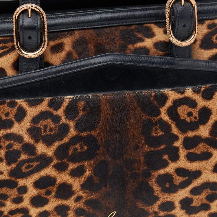 Pre Owned Christian Louboutin Brown/Black Leopard Print Calf Hair and Leather Satchel