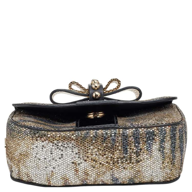 Pre Owned Christian Louboutin Gold/Black Glitter and Leather Mini Spiked Sweet Charity Crossbody Bag