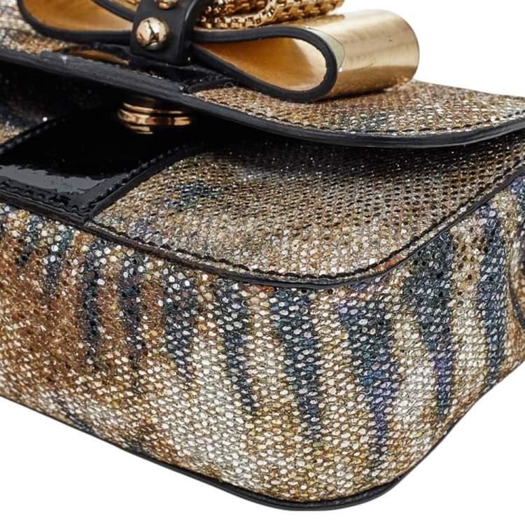 Pre Owned Christian Louboutin Gold/Black Glitter and Leather Mini Spiked Sweet Charity Crossbody Bag