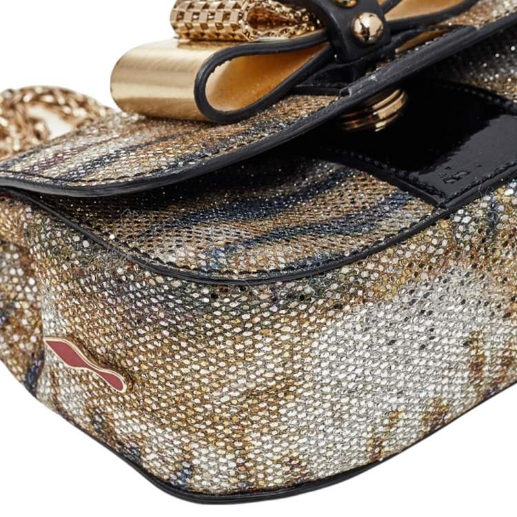 Pre Owned Christian Louboutin Gold/Black Glitter and Leather Mini Spiked Sweet Charity Crossbody Bag