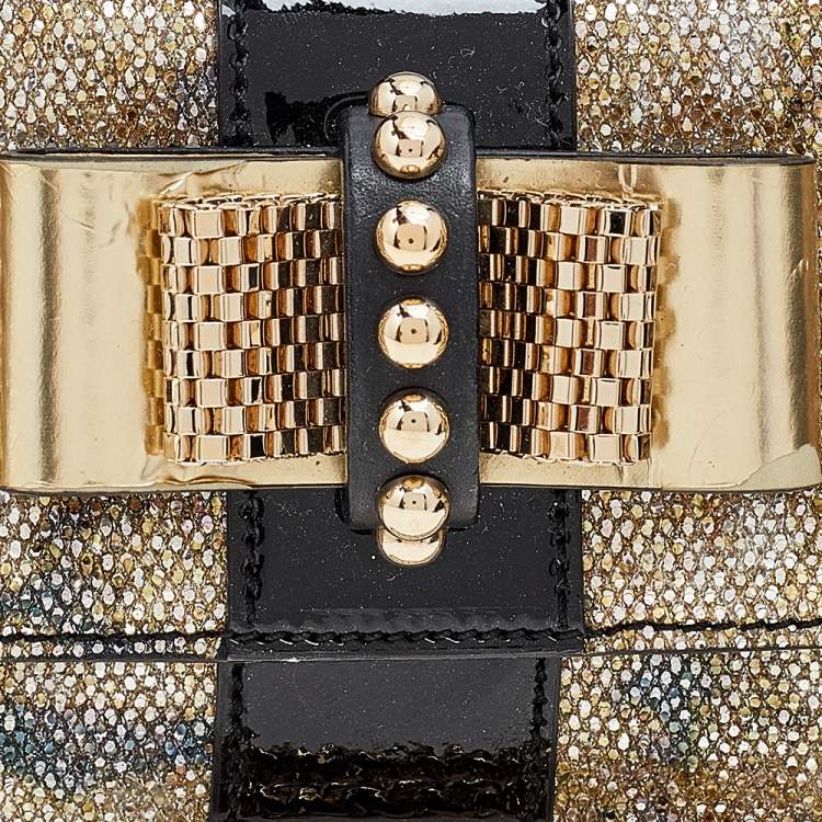 Pre Owned Christian Louboutin Gold/Black Glitter and Leather Mini Spiked Sweet Charity Crossbody Bag
