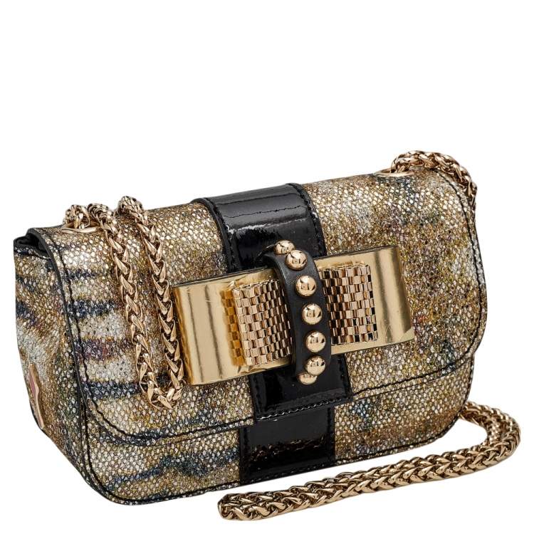 Pre Owned Christian Louboutin Gold/Black Glitter and Leather Mini Spiked Sweet Charity Crossbody Bag
