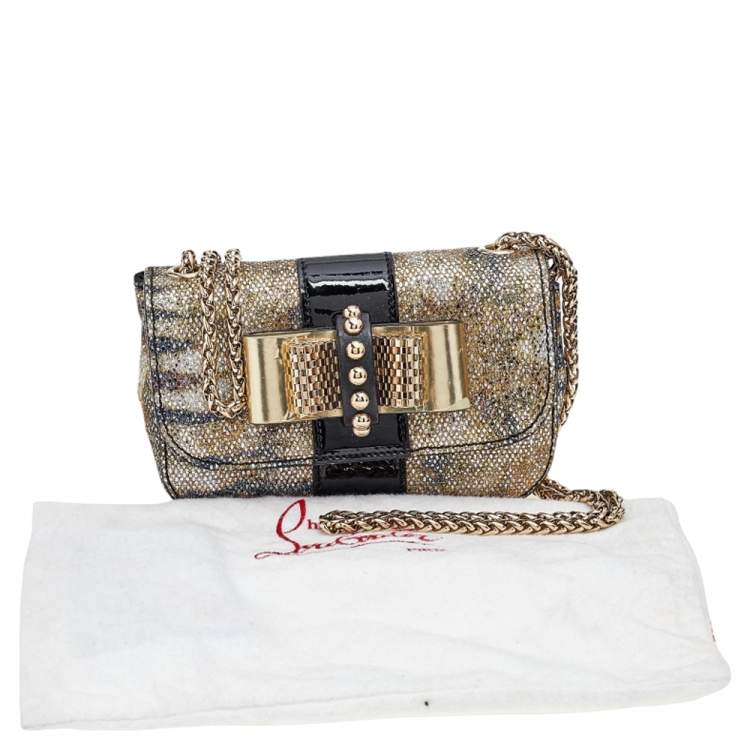 Pre Owned Christian Louboutin Gold/Black Glitter and Leather Mini Spiked Sweet Charity Crossbody Bag