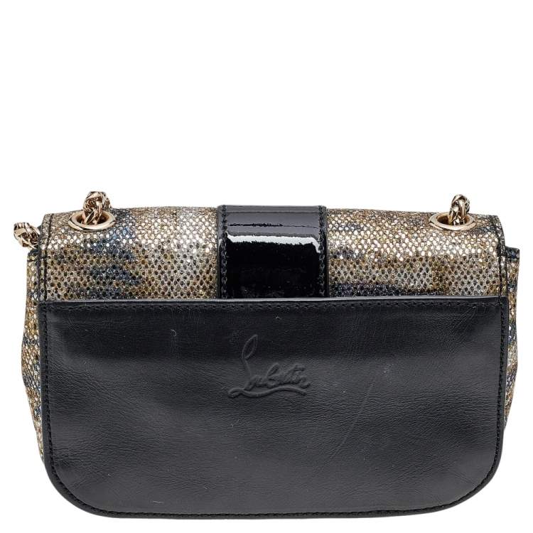 Pre Owned Christian Louboutin Gold/Black Glitter and Leather Mini Spiked Sweet Charity Crossbody Bag