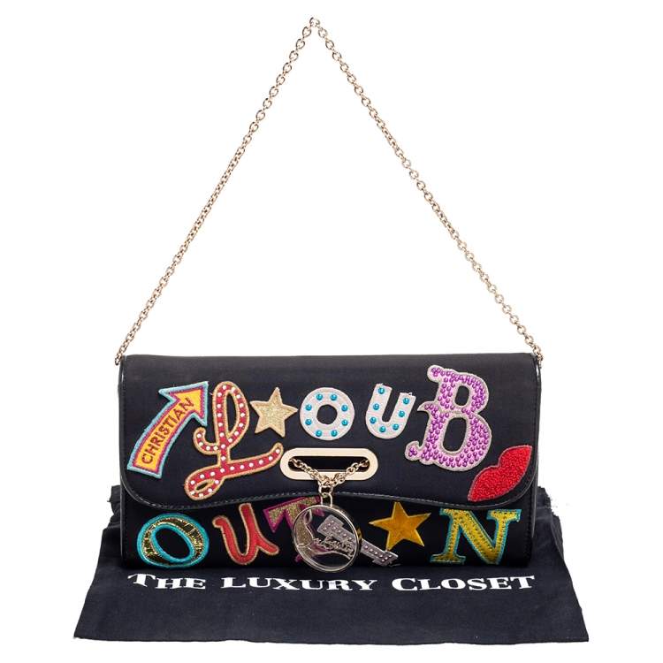 Pre Owned Christian Louboutin Black Canvas Letter Patch Riviera Chain Clutch