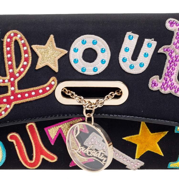 Pre Owned Christian Louboutin Black Canvas Letter Patch Riviera Chain Clutch