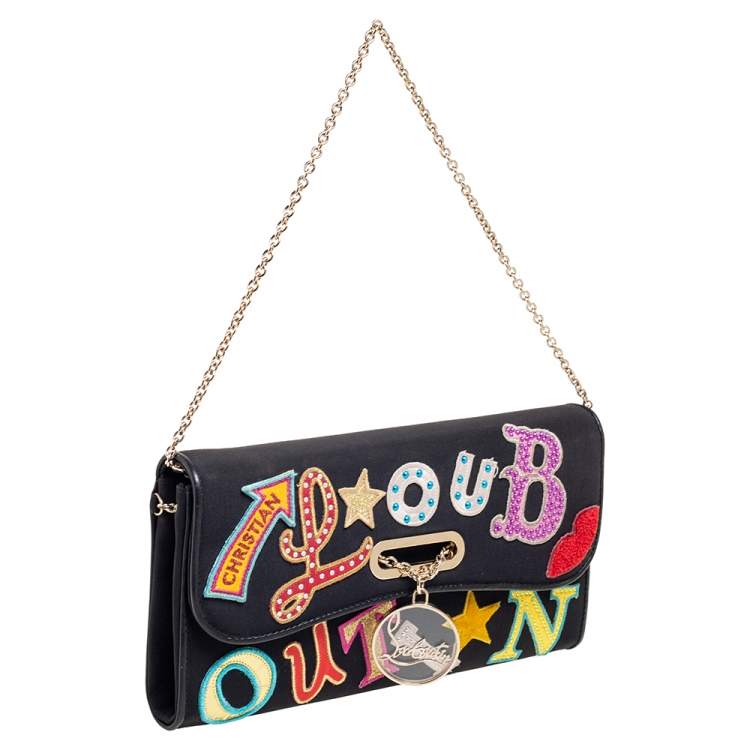 Pre Owned Christian Louboutin Black Canvas Letter Patch Riviera Chain Clutch