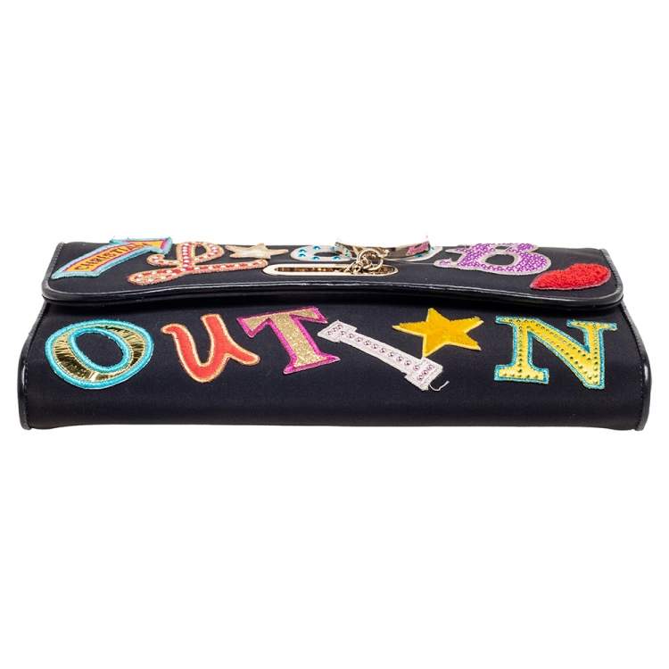 Pre Owned Christian Louboutin Black Canvas Letter Patch Riviera Chain Clutch