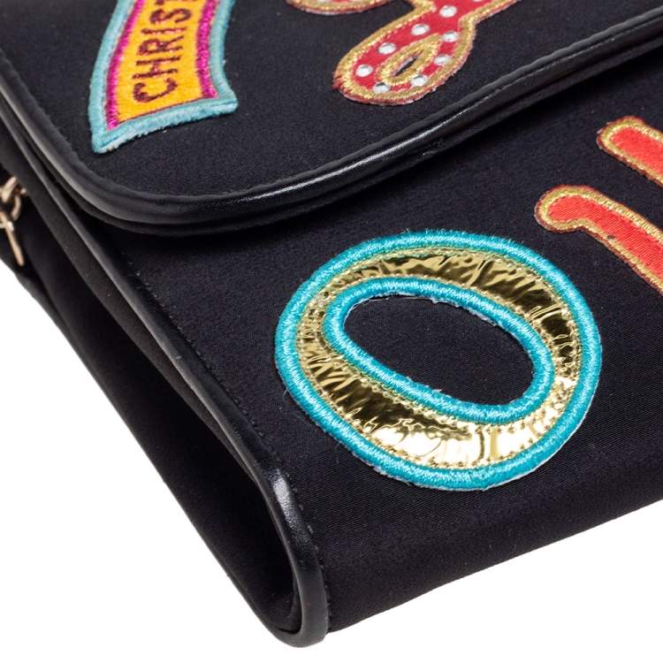 Pre Owned Christian Louboutin Black Canvas Letter Patch Riviera Chain Clutch