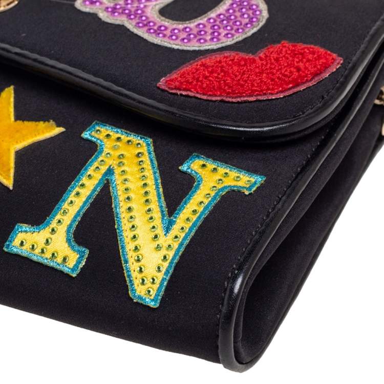 Pre Owned Christian Louboutin Black Canvas Letter Patch Riviera Chain Clutch
